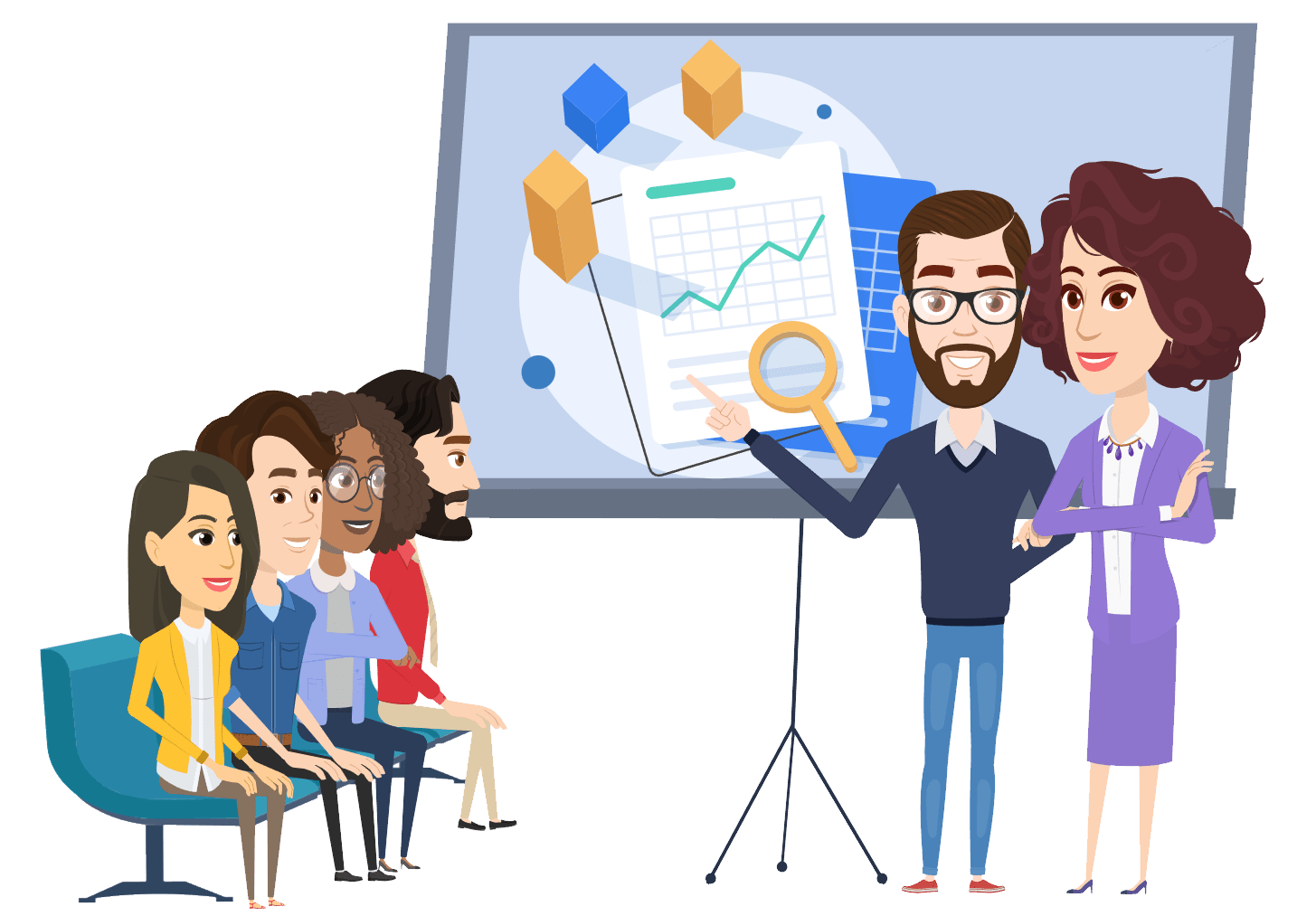 Illustration zur Erklärung der revodocs Funktionen mit Präsentation der App-Features