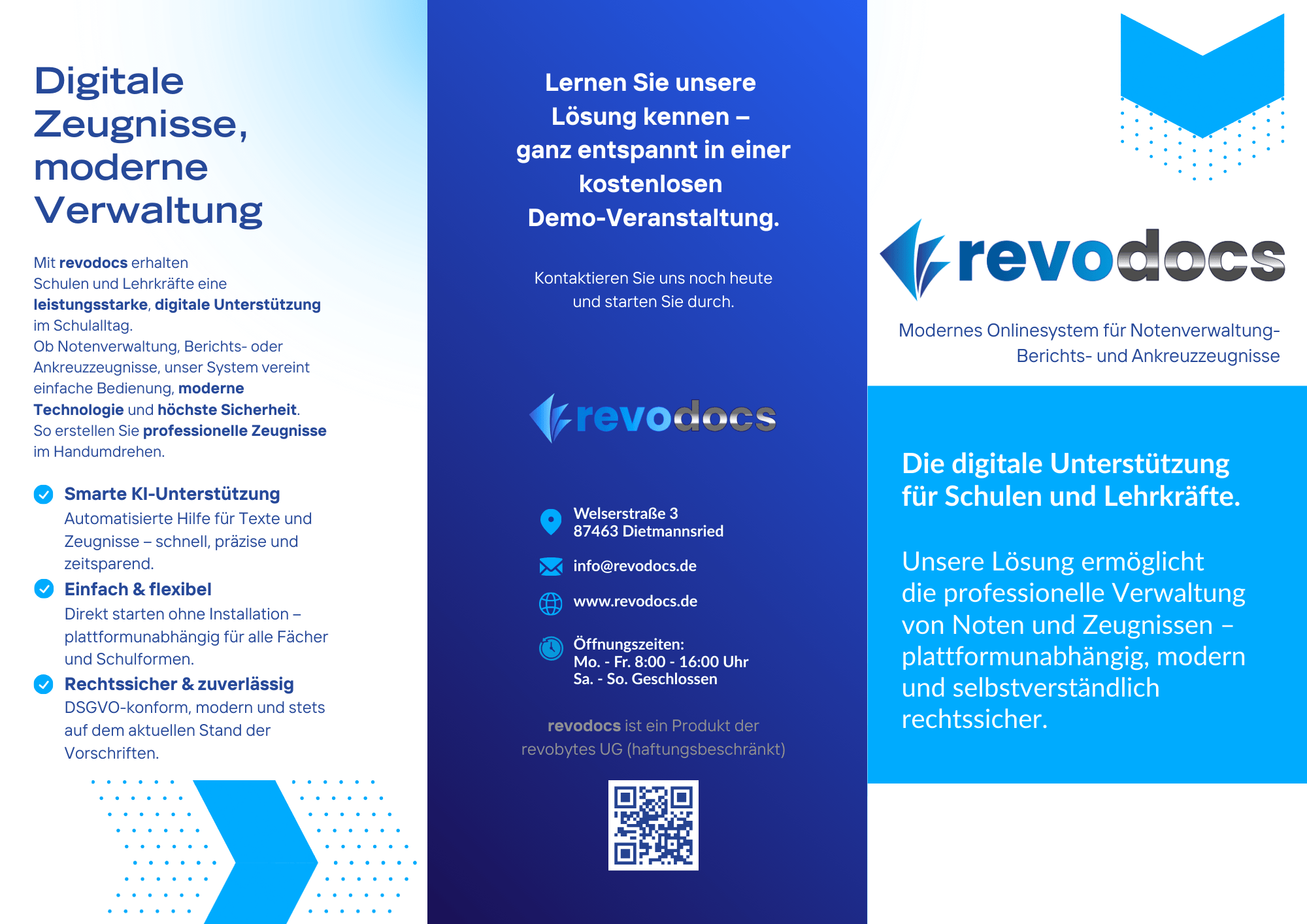 Flyer zur digitalen Zeugnissoftware revodocs für Schulen und Lehrkräfte