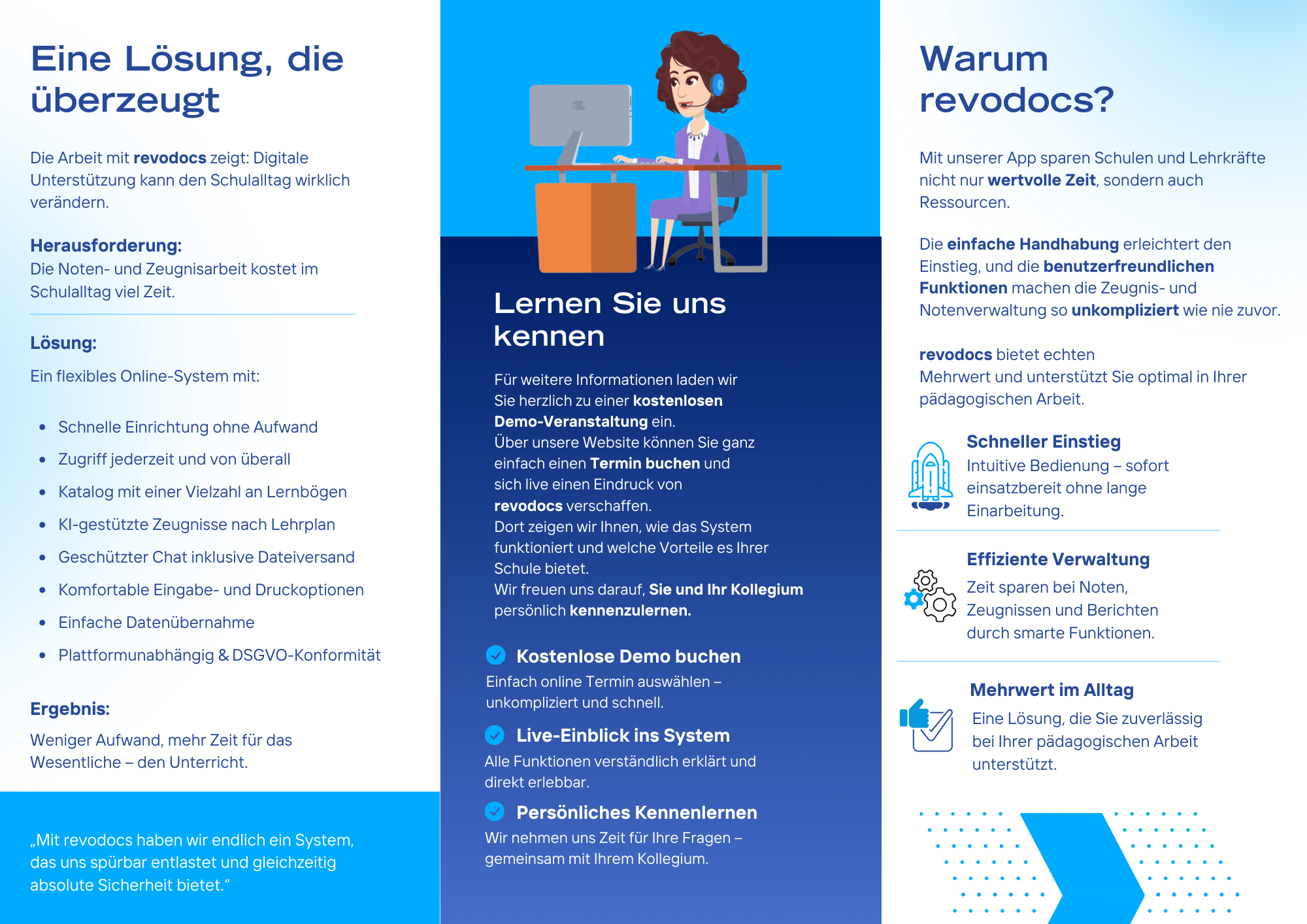 Informationsflyer mit Funktionen und Vorteilen der revodocs Zeugnissoftware