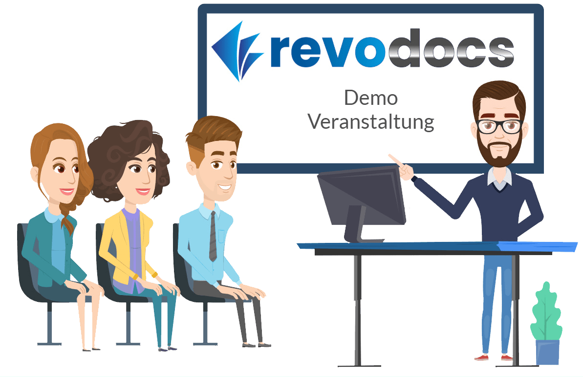 Illustration einer revodocs Demo-Veranstaltung mit Software-Präsentation vor Teilnehmenden