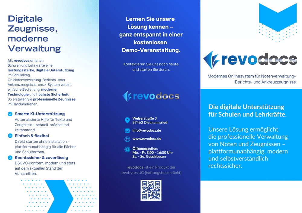 revodocs - Informationsflyer mit Funktionen und Vorteilen der unserer Zeugnissoftware